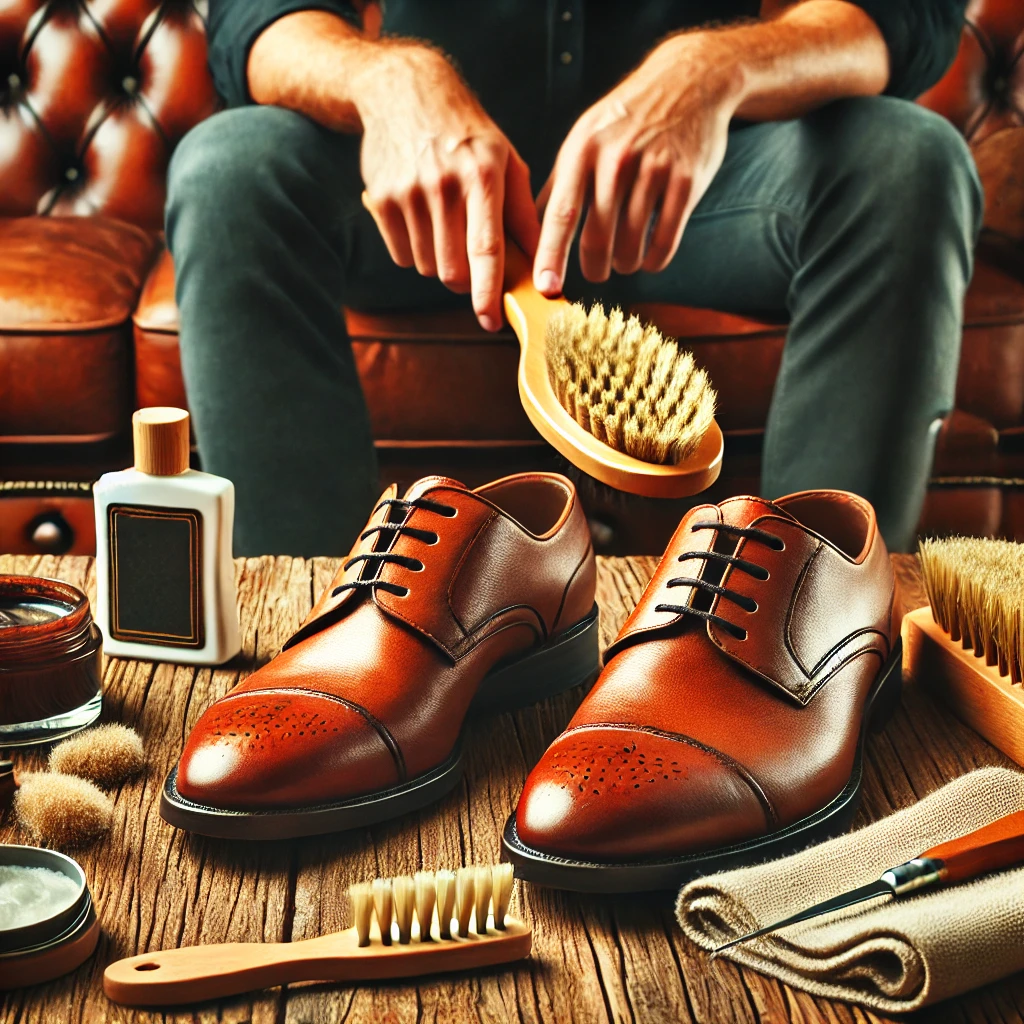 Men's leather shoes being cleaned with a soft brush on a wooden table with cleaning tools.